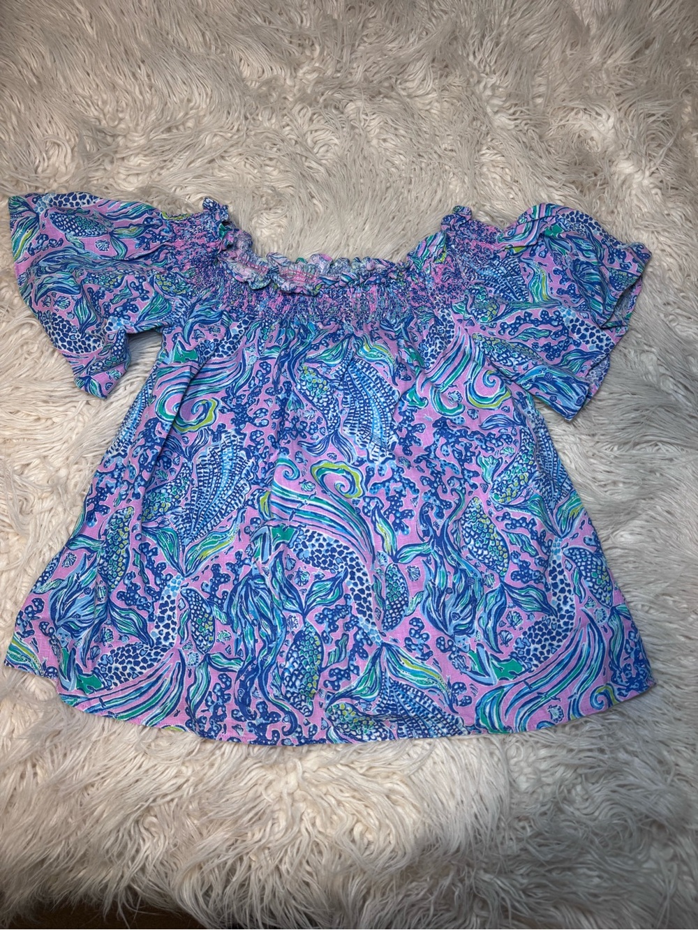 Lilly Pulitzer Leanne Off-the-Shoulder top We Mermaid It linen print Size Small